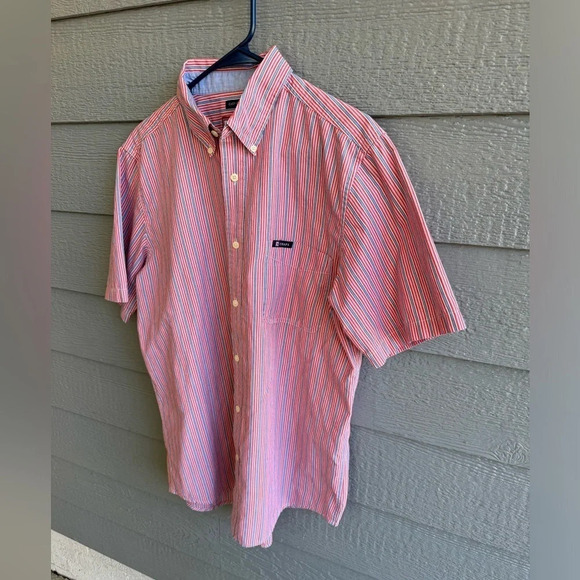 Chaps Easy Care Short Sleeve Orange Striped Shirt Button Up Adult Men's Medium - Picture 2 of 7